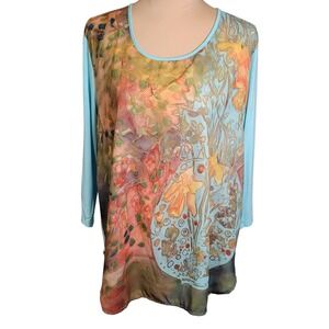 Fitz & Ginger XL Top Tee Scarf‎ Print Blue Mixed Media Art to Wear Impressionist